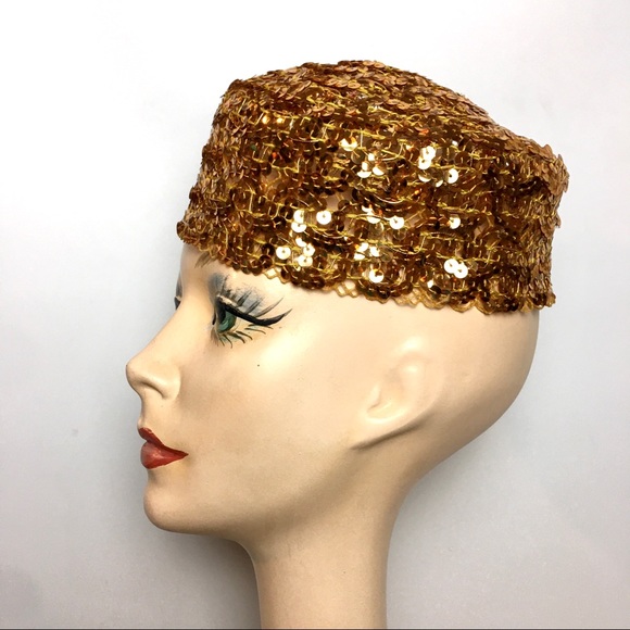 Vintage Pillbox Hat Gold Sequin - Picture 2 of 6